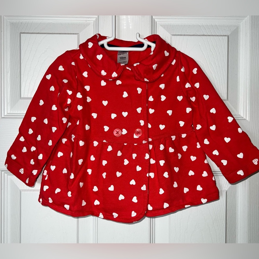 Carter’s Jacket Baby Girl Lightweight Cotton Red/White Hearts Peacoat size 18m